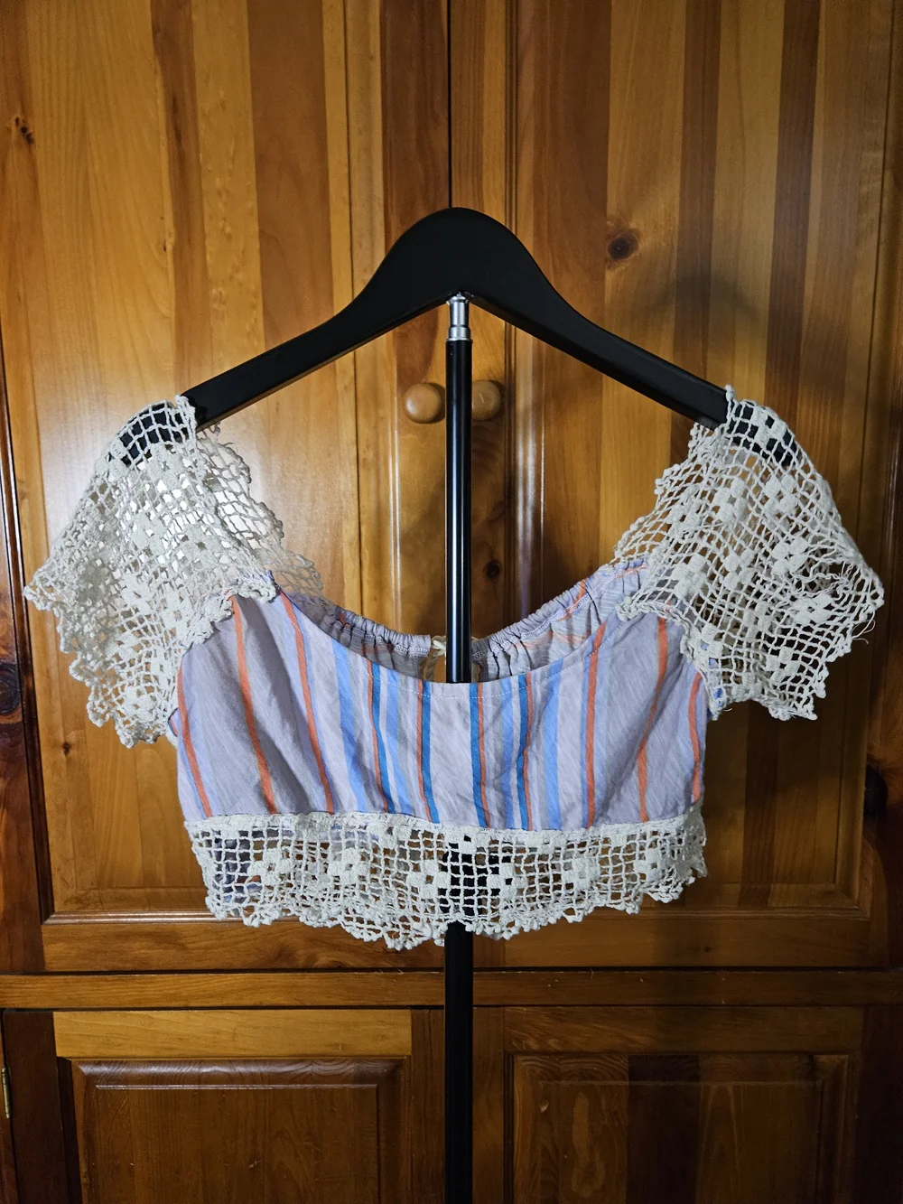 Free People Crochet-Trim Striped Crop Top - Cream and Pastel